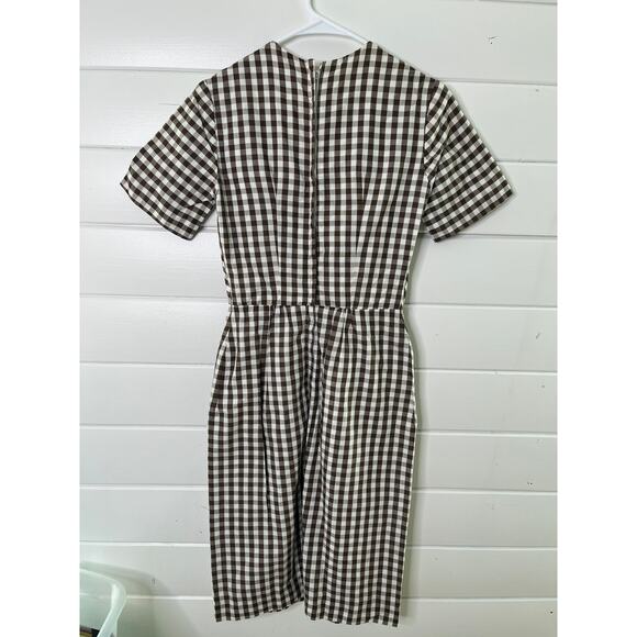 Vintage 60s Gingham Sheath Dress Short Sleeve Brown White Womens Handmade 4 - Picture 2 of 12